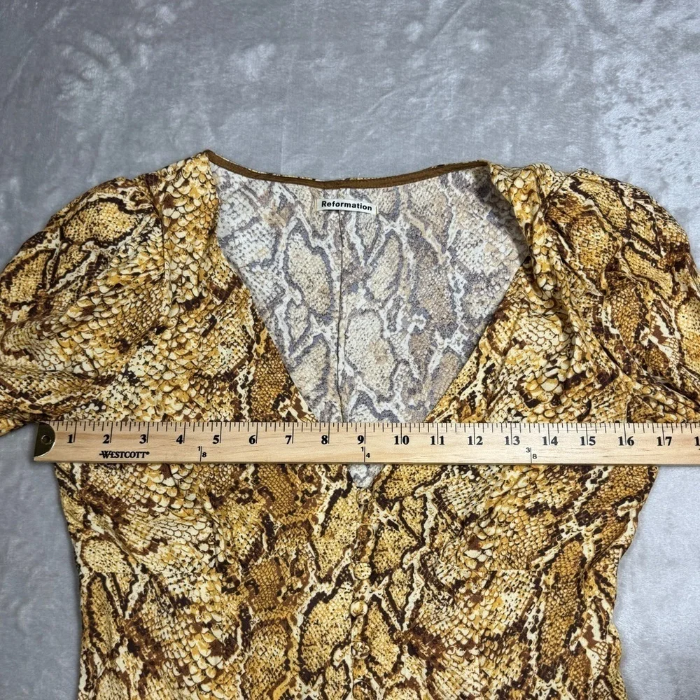 Reformation Eliana Boa Snakeskin Animal Print V Neck Button Front Blouse Small